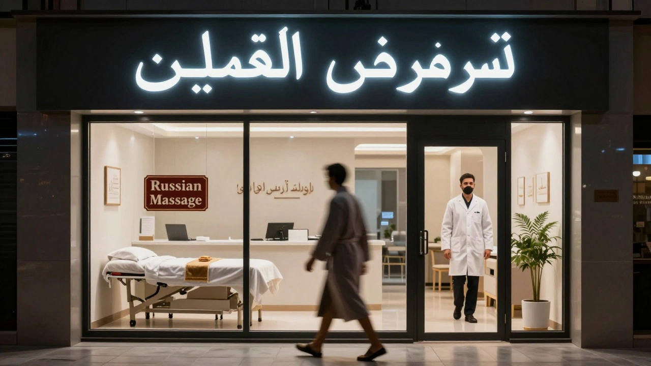 A Dubai spa&#039;s &#039;Russian Massage&#039; sign contrasts with a licensed clinic across the street.