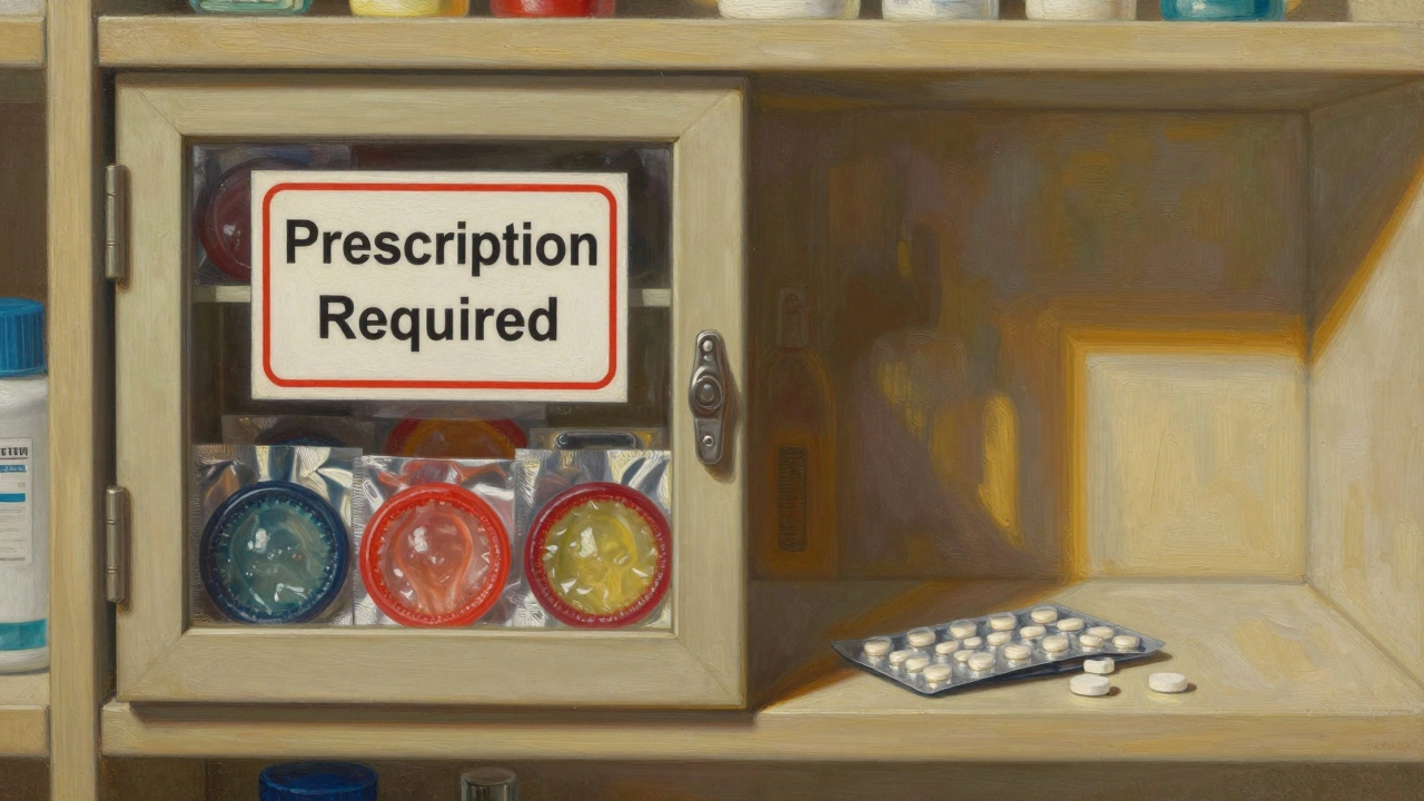 A locked pharmacy shelf in Dubai with condoms behind glass, while pills are openly available.