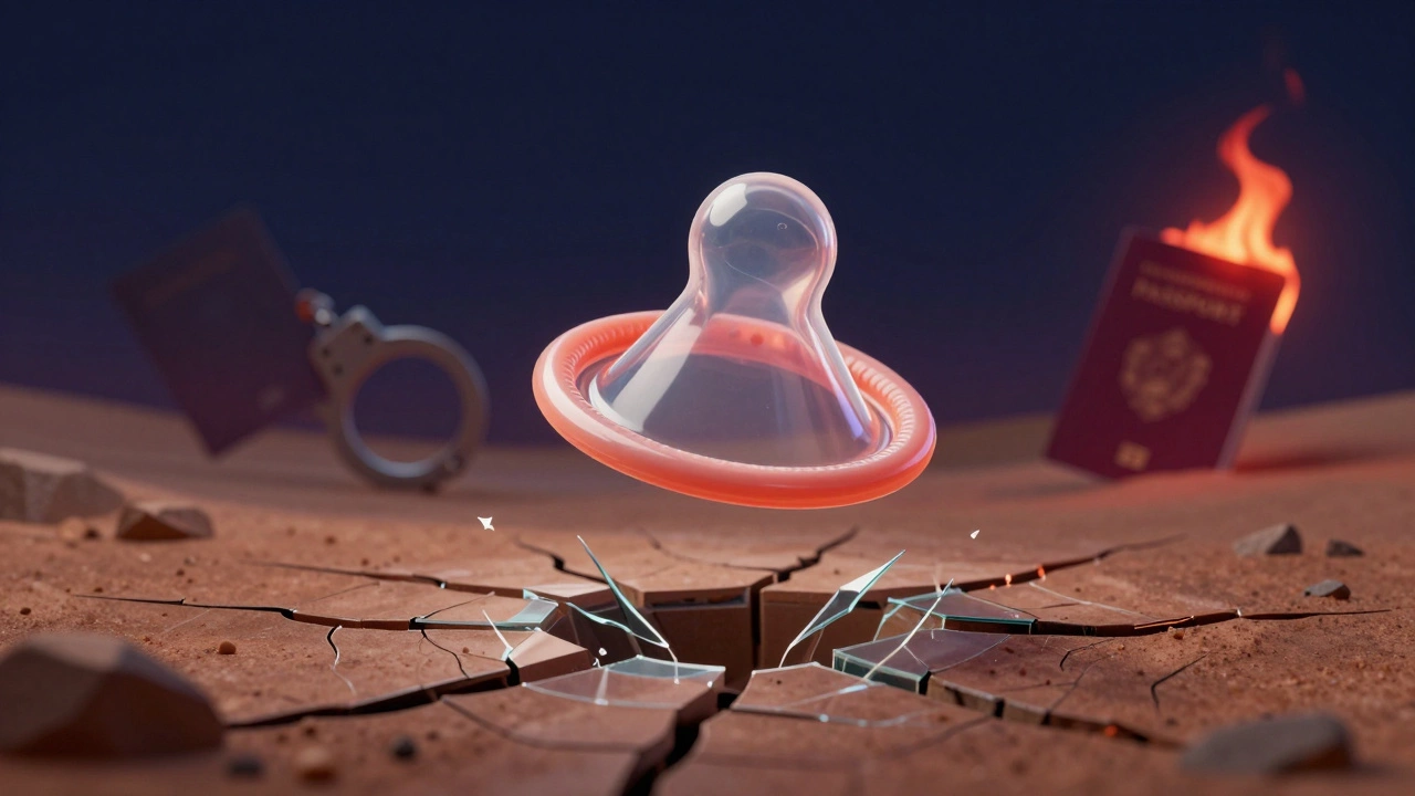 A shattered condom floating above a desert, with handcuffs and a burning passport in the background.