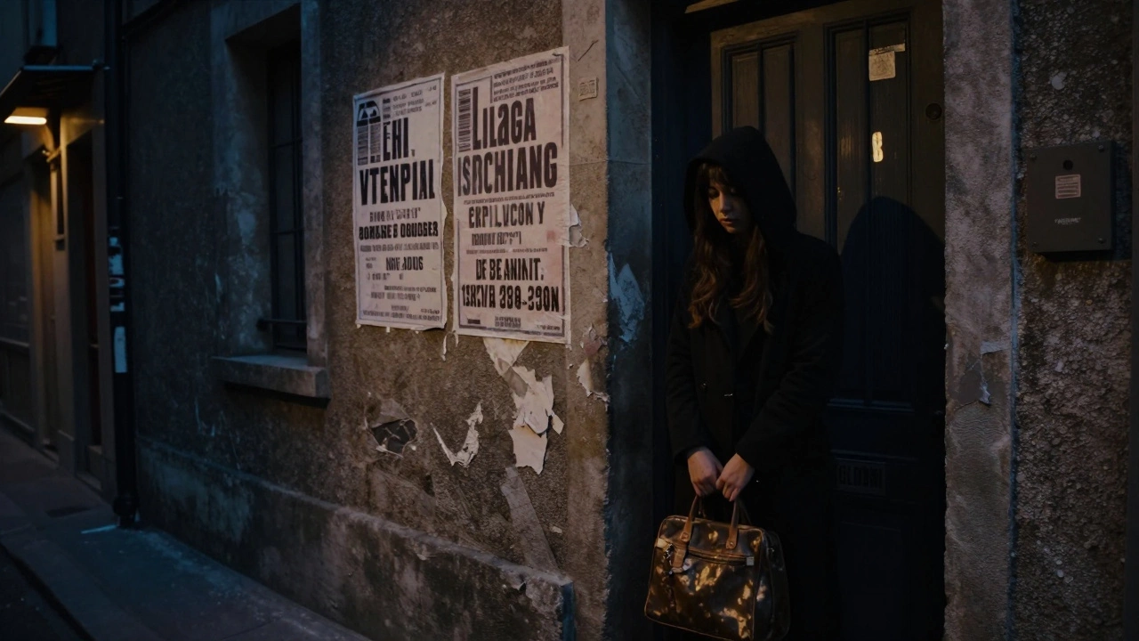 A woman hesitates in a dim Nantes alley, shadowed and alone near faded classified ads.