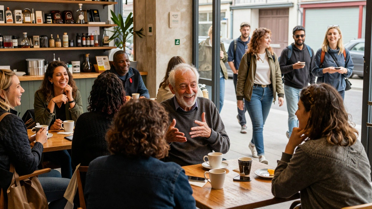 Diverse people gather warmly in a Nantes community center, sharing coffee and conversation.